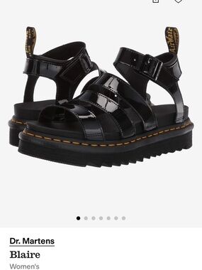 Dr. Martens Black Patent Platform Sandals with Yellow Stitching